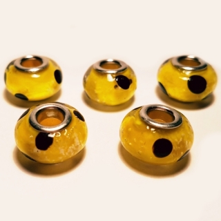 Korálek velký průvlek, 9x14mm, žlutočerný, 1ks